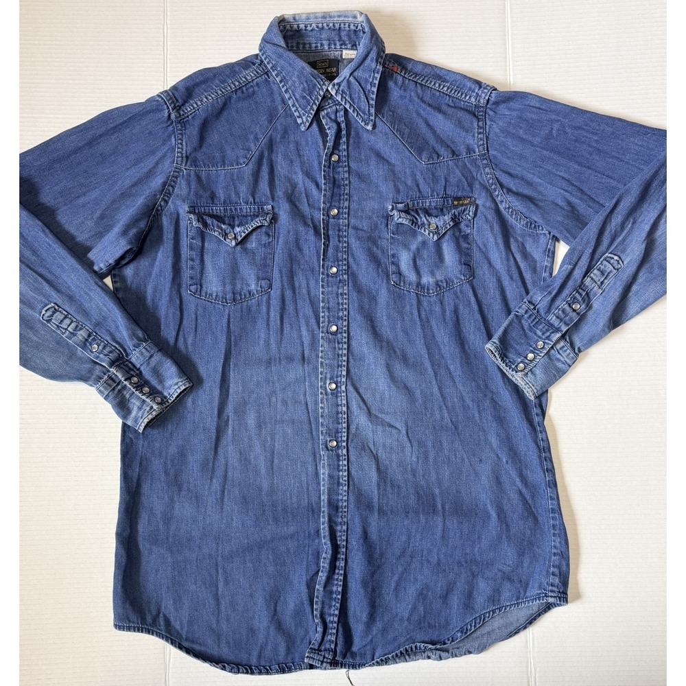 SEARS Western Wear - Men's VTG Denim Pearl Snap USA Distressed Shirt - XL Tall
